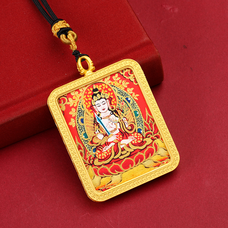 藏式半手绘描金唐卡八大守护神黄财神十二生肖唐卡挂脖吊坠项链