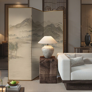 宋代美学新中式实木屏风隔断客餐厅卧室玄关茶室移动折屏山水画