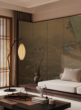宋代美学新中式实木屏风隔断客餐厅卧室玄关茶室移动折屏古画山水