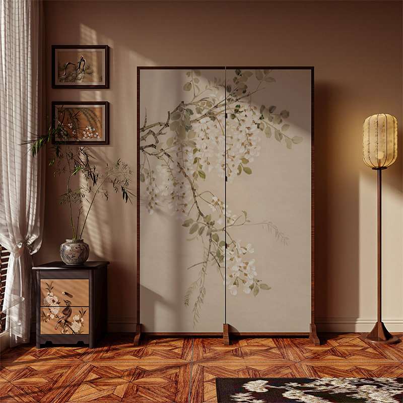 宋代美学新中式复古屏风隔断客厅移动玄关遮挡茶室卧室背景墙桃花