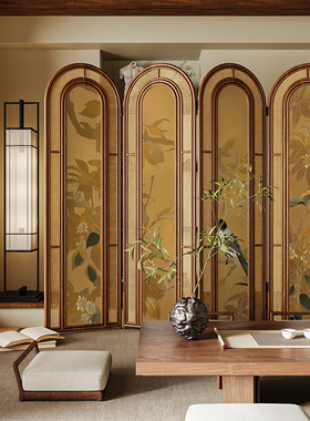 复古中式实木折叠藤编屏风隔断客厅沙发背景墙可移动茶室花鸟折屏