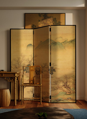 宋式美学新中式山水移动屏风隔断客餐厅卧室玄关茶室背景实木折屏