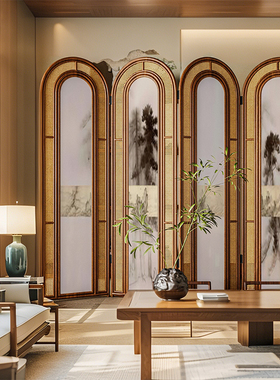 复古中式实木折叠藤编屏风隔断客厅沙发背景墙可移动茶室松树折屏