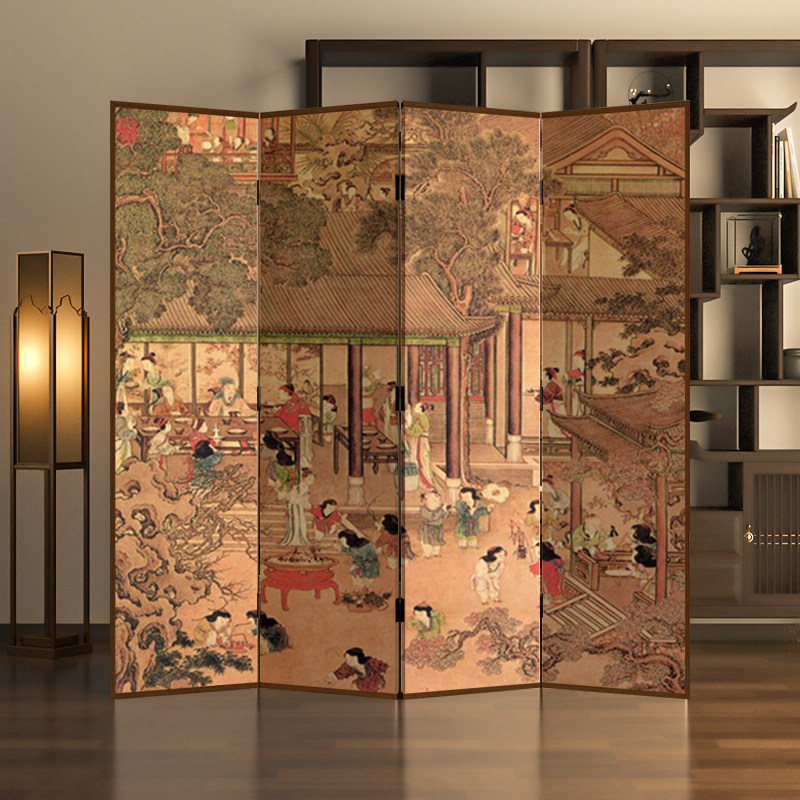 新中式中古屏风隔断客厅玄关实木移动茶室背景墙装饰定制折屏古画