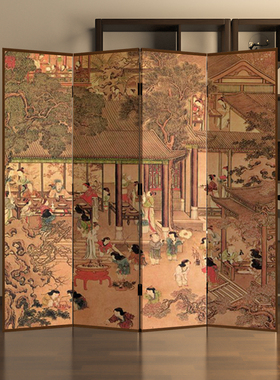 新中式中古屏风隔断客厅玄关实木移动茶室背景墙装饰定制折屏古画