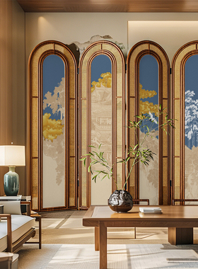 复古中式实木折叠藤编屏风隔断客厅沙发背景墙可移动茶室楼阁折屏