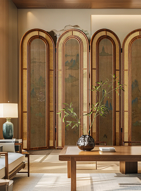 复古中式实木折叠藤编屏风隔断客厅沙发背景墙可移动茶室山水折屏
