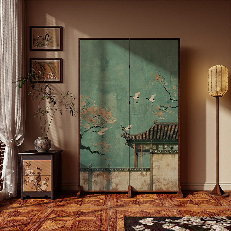 宋代美学新中式复古屏风隔断客厅移动玄关遮挡茶室卧室背景墙仙鹤
