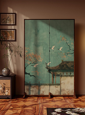宋代美学新中式复古屏风隔断客厅移动玄关遮挡茶室卧室背景墙仙鹤