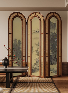 复古中式实木折叠藤编屏风隔断客厅沙发背景墙可移动茶室山水折屏