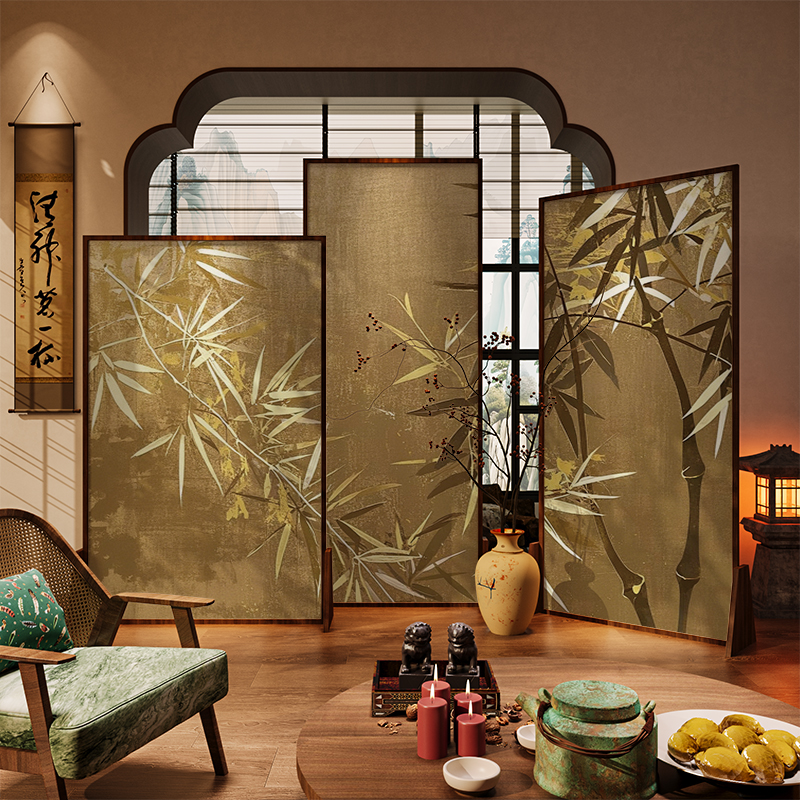 宋氏美学入户玄关复古中式屏风隔断客厅移动茶室办公酒店背景竹子