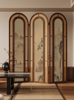 复古中式实木折叠藤编屏风隔断客厅沙发背景墙可移动茶室山水折屏