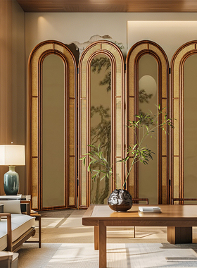 复古中式实木藤编屏风隔断客厅沙发背景墙可移动茶室竹子月亮折屏