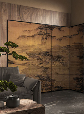 宋氏美学新中式屏风隔断客厅沙发背景墙民宿玄关卧室古画山水折屏