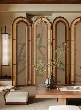 复古中式实木折叠藤编屏风隔断客厅沙发背景墙可移动茶室花鸟折屏