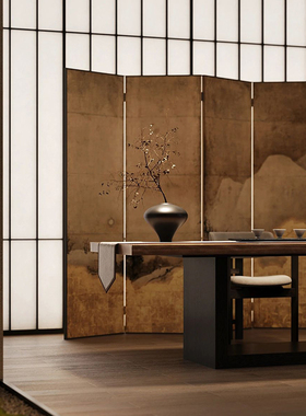 新中式实木折叠移动抽象古画山水折屏屏风隔断客厅玄关办公背景墙