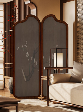 复古中式实木折叠屏风隔断客厅沙发背景墙可移动遮挡茶室古画折屏