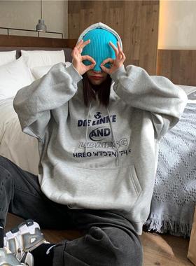 20253201#加绒加厚灰色卫衣女秋冬宽松韩版bf慵懒风连帽外套ins潮