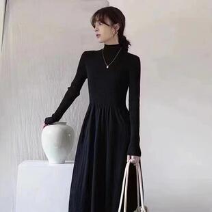 2025早秋新款高级感赫本风黑色连衣裙子女秋冬季内搭打底毛衣长裙
