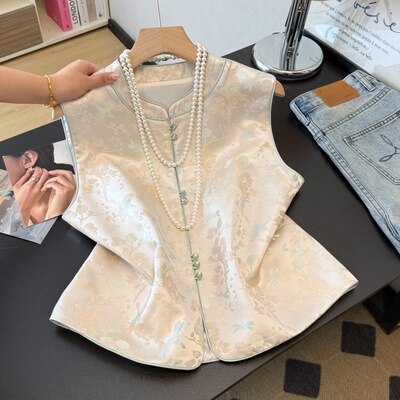 春季新款国风提花织锦盘扣马甲女