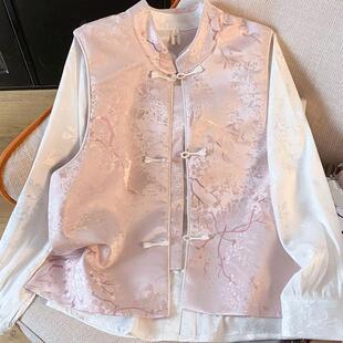 新中式国风盘扣提花缎面上衣女2025春新款改良唐装马甲衬衫两件套