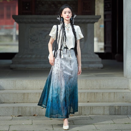 新中式国风马面裙套装明制汉服改良日常通勤衬衫半身裙两件套女夏
