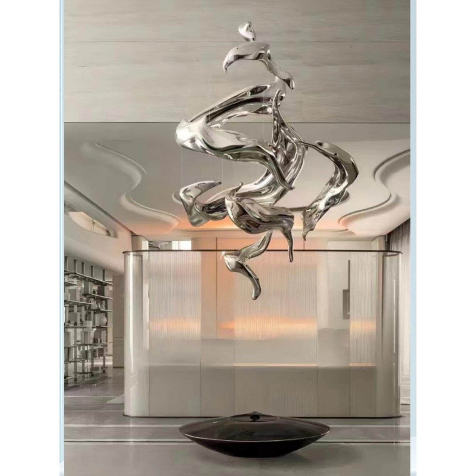 软装水滴海浪银色鱼吊饰雕塑玻璃钢酒店大堂客厅波浪天花吊顶装置