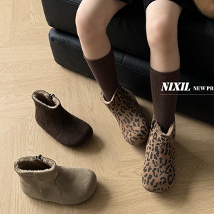 韩版童鞋2024女童冬季新款时尚豹纹磨砂真皮短靴儿童加绒保暖棉靴