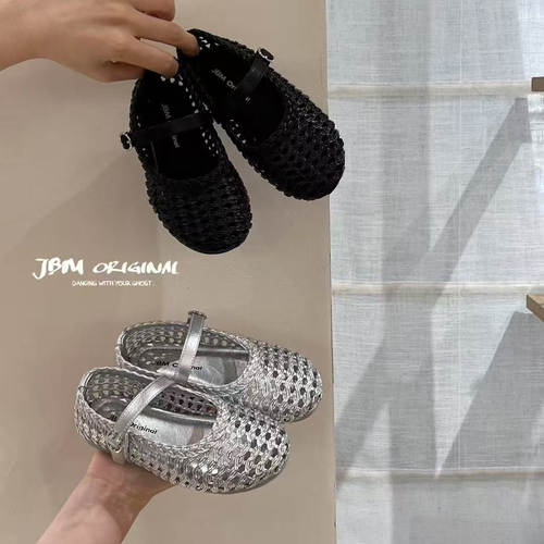 JBM 儿童一字扣编织网眼凉鞋夏季新款女童平底镂空玛丽珍渔网单鞋