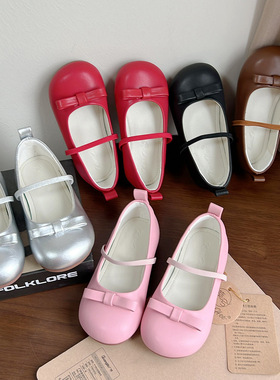 韩国童鞋2024女童春季新款韩版蝴蝶结公主皮鞋儿童玛丽珍红色单鞋