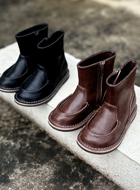 韩版童鞋2025女童秋冬新款复古牛皮短靴儿童英伦风时尚侧拉链皮靴