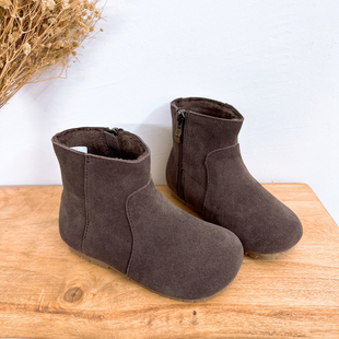 韩版童鞋2024冬季新款女童复古侧拉链短靴儿童磨砂真皮靴加绒棉靴