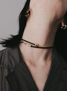 中性简约拼接设计感 牛皮绳拼接蛇骨链女 项链小众高级感锁骨颈链