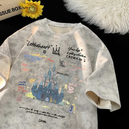 扎染麂皮绒短袖t恤男士夏季新款