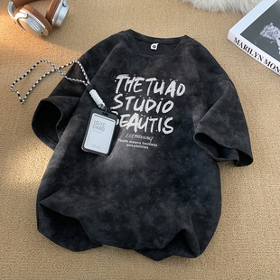 复古痞帅刺绣重磅潮牌宽松麂皮绒半袖 短袖 美式 新款 体恤 t恤男夏季