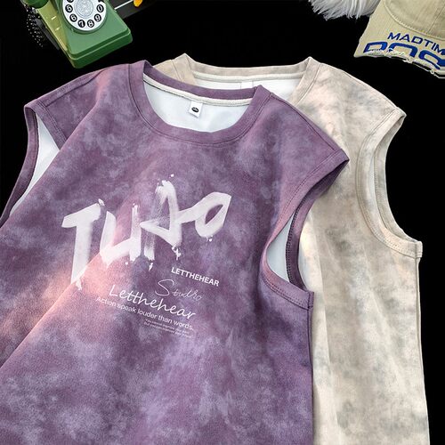 美式扎染重磅背心男夏季宽松休闲大码透气青少年坎肩运动无袖t恤