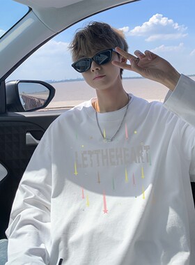 纯棉长袖T恤男青少年痞帅秋季新款个性印花宽松百搭休闲潮流上衣