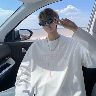 个性 新款 印花宽松百搭休闲潮流上衣 T恤男青少年痞帅秋季 纯棉长袖