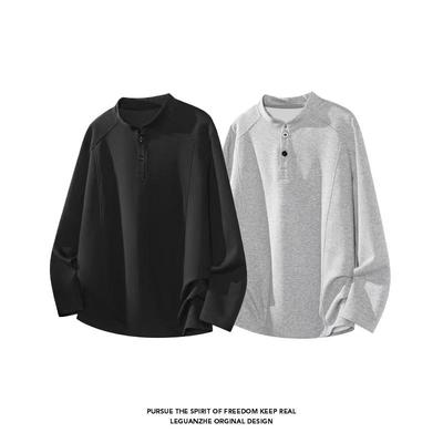 亨利领重磅硬挺长袖t恤男款秋季boxy立体裁剪卫衣立领宽肩打底衫