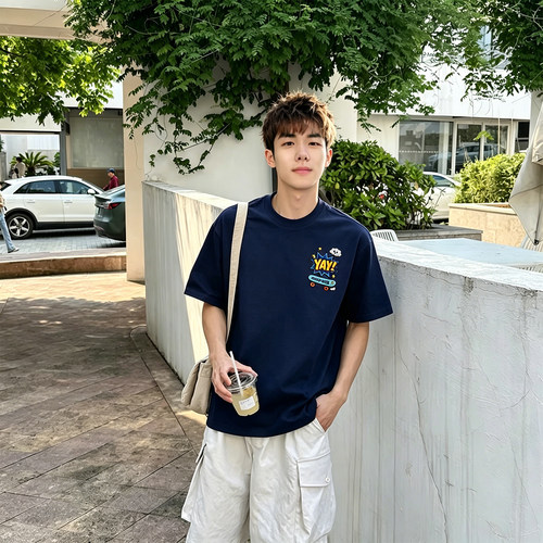 夏季重磅刺绣纯棉宽松短袖T恤男