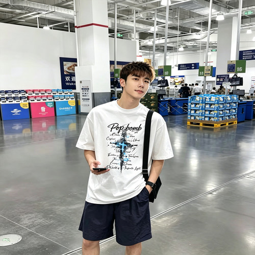 美式重磅纯棉白色字母短袖T恤男