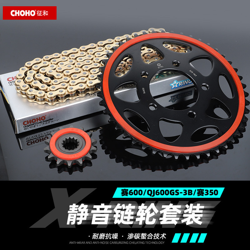 适用钱江摩托赛600/赛350链轮链条套链改装静音大小齿牙盘油封链