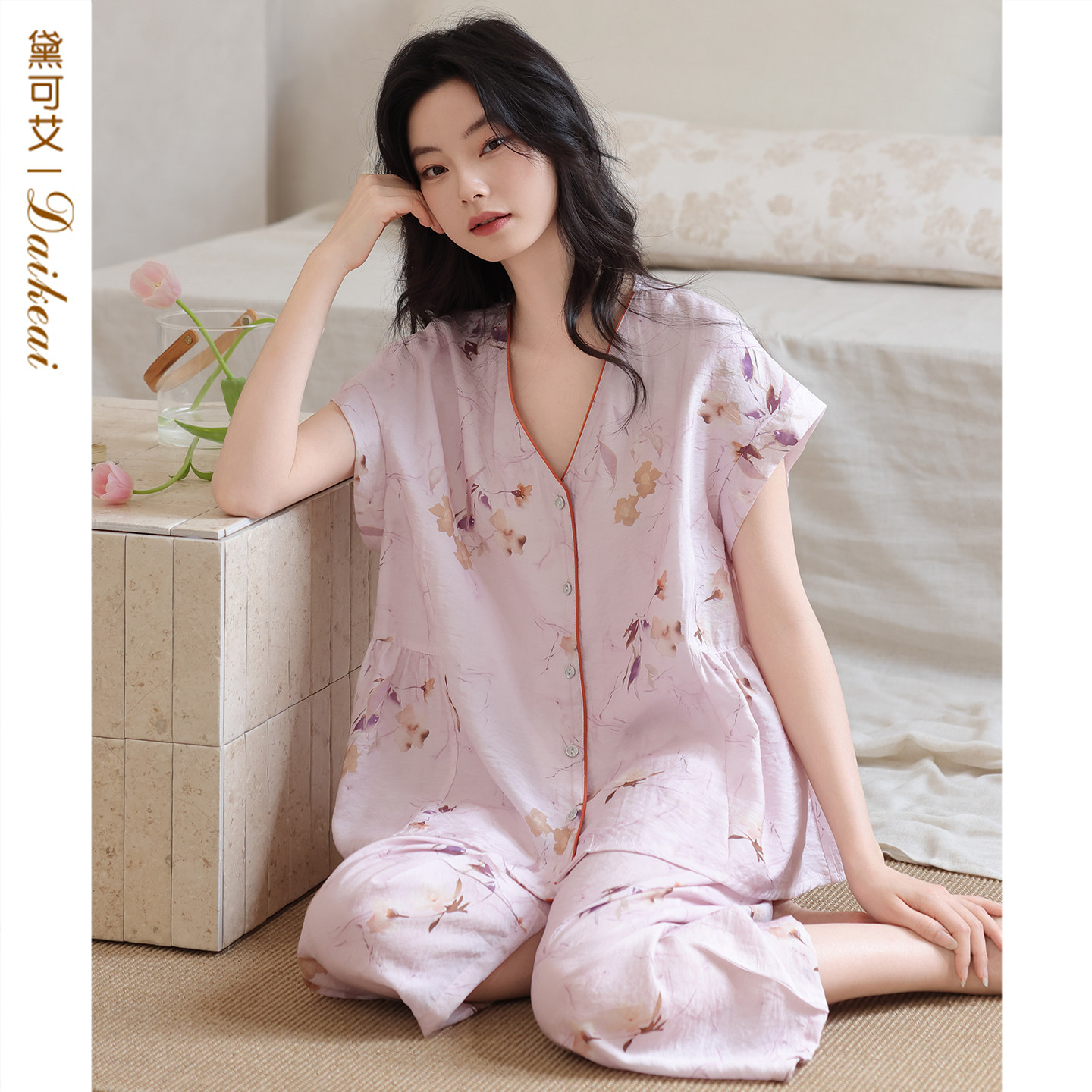睡衣夏季凉感天丝莱赛尔梭织女带胸垫短袖中年妈妈大码家居服套装
