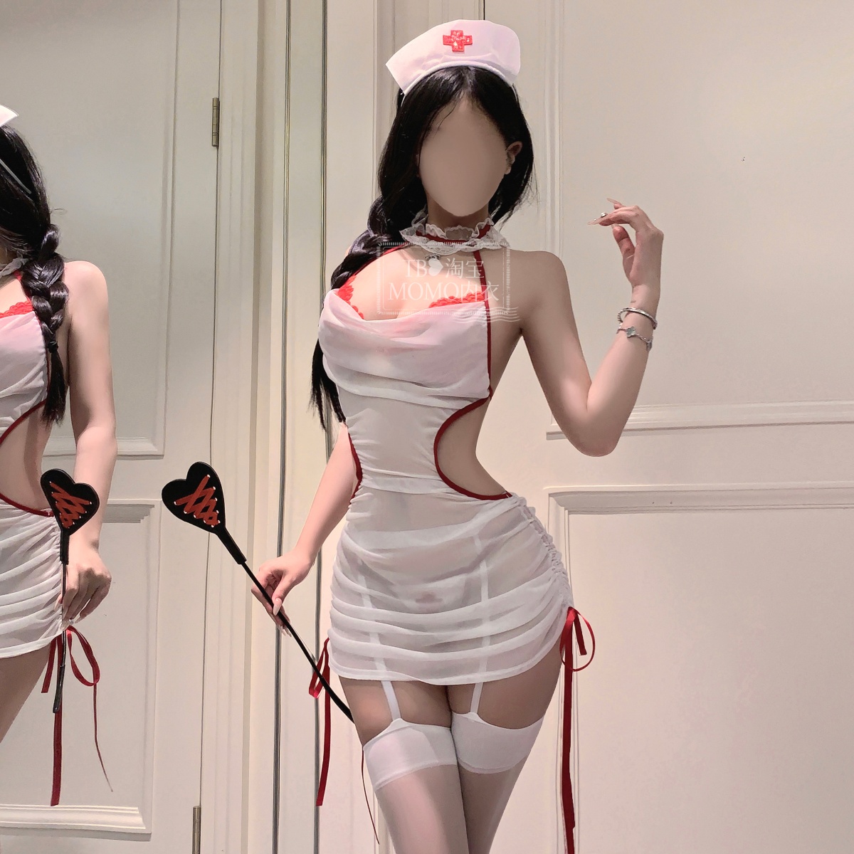 纯情护士角色扮演制服女性感娇妻网纱透视镂空连身裙制服绑带睡裙