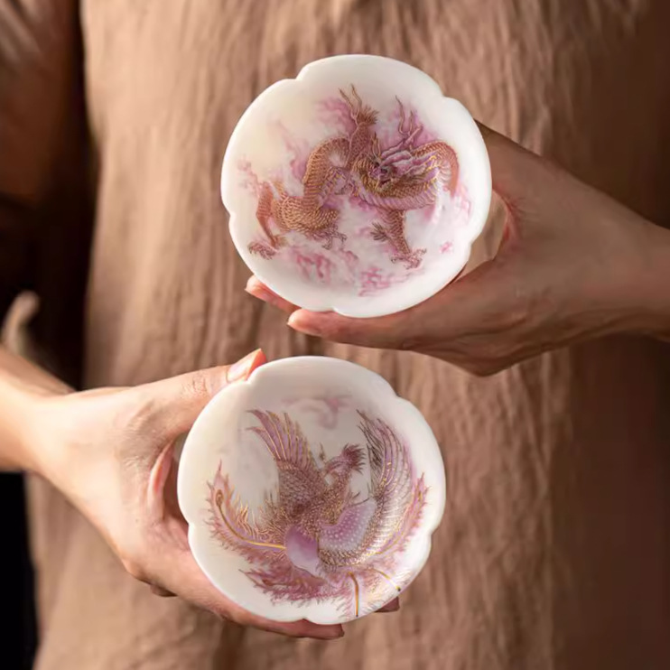 素烧羊脂玉龙凤对杯斗笠杯茶碗陶瓷主人杯高端白瓷普洱茶杯单杯