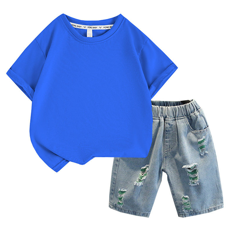 儿童男女童新款薄款运动服男孩夏季 光板破洞牛仔短裤短袖T恤套装