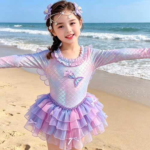 女童晒长袖连体夏季蛋糕裙摆泳衣