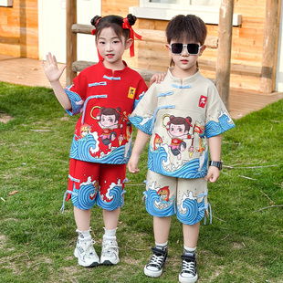 儿童汉服暑假送礼短袖套装哪吒衣服男童国风夏装女孩新中式唐装潮