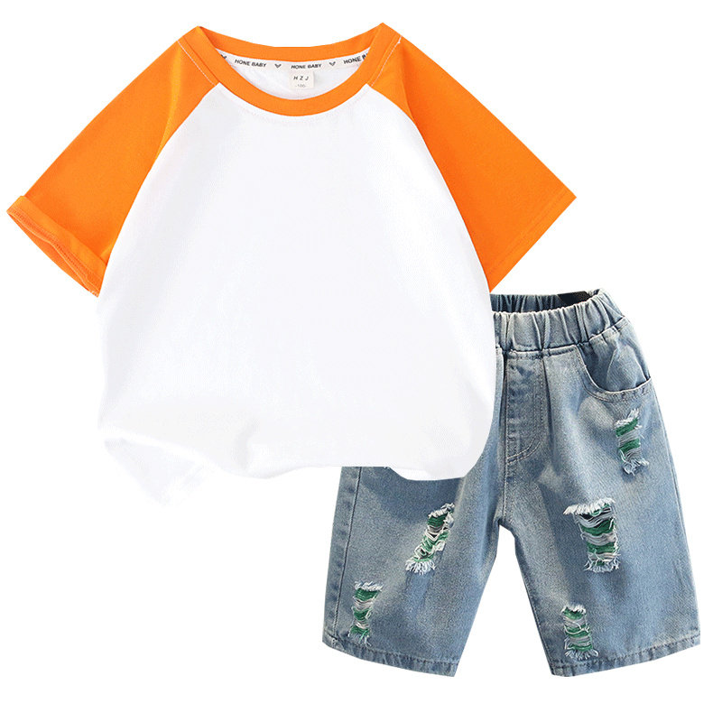 男女童夏套装光板破洞牛仔短裤插肩袖洋气网红衣服酷帅气背心套装