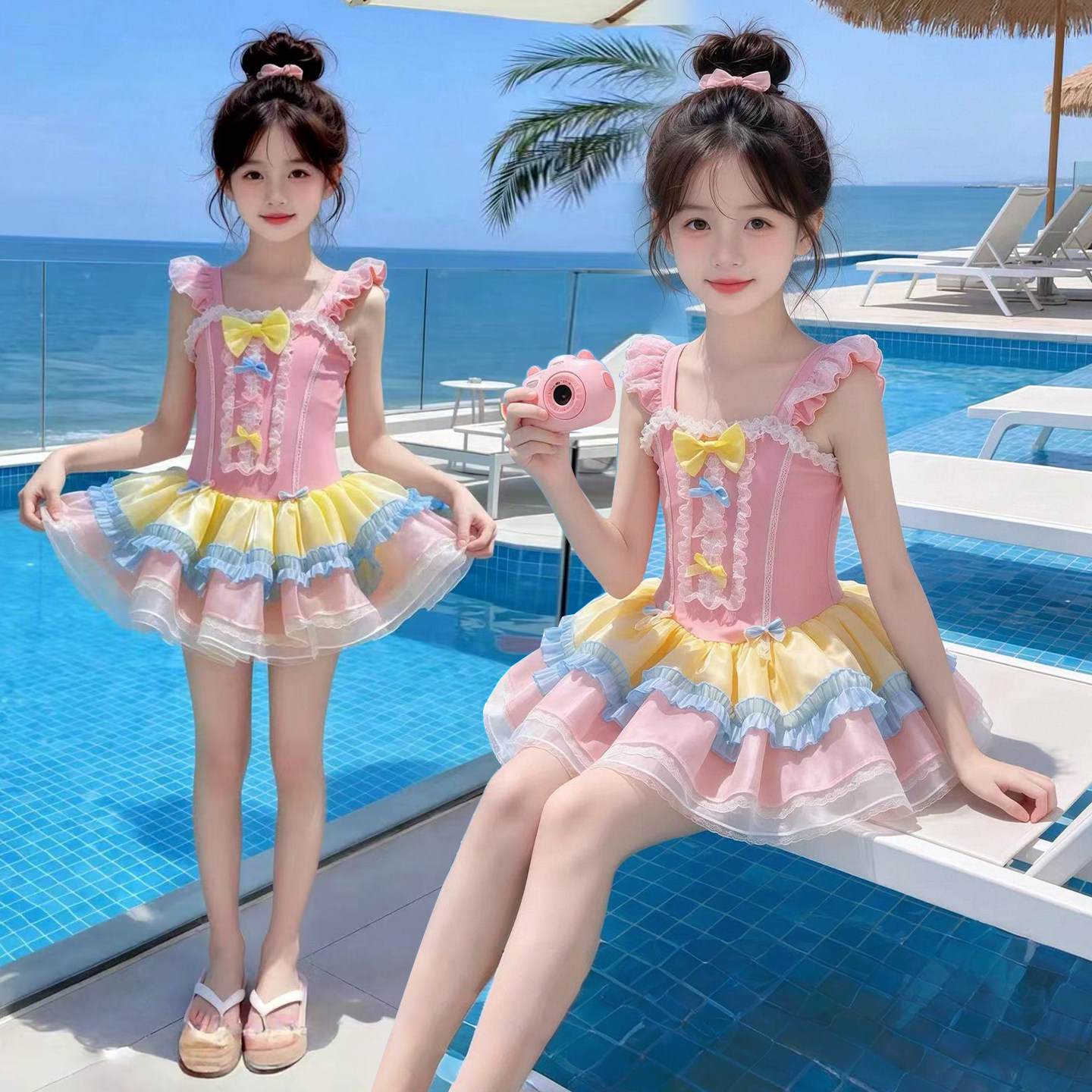 女童夏季儿童甜美无袖粉色蕾丝泳装裙子蝴蝶结洛丽塔连衣裙泳衣服